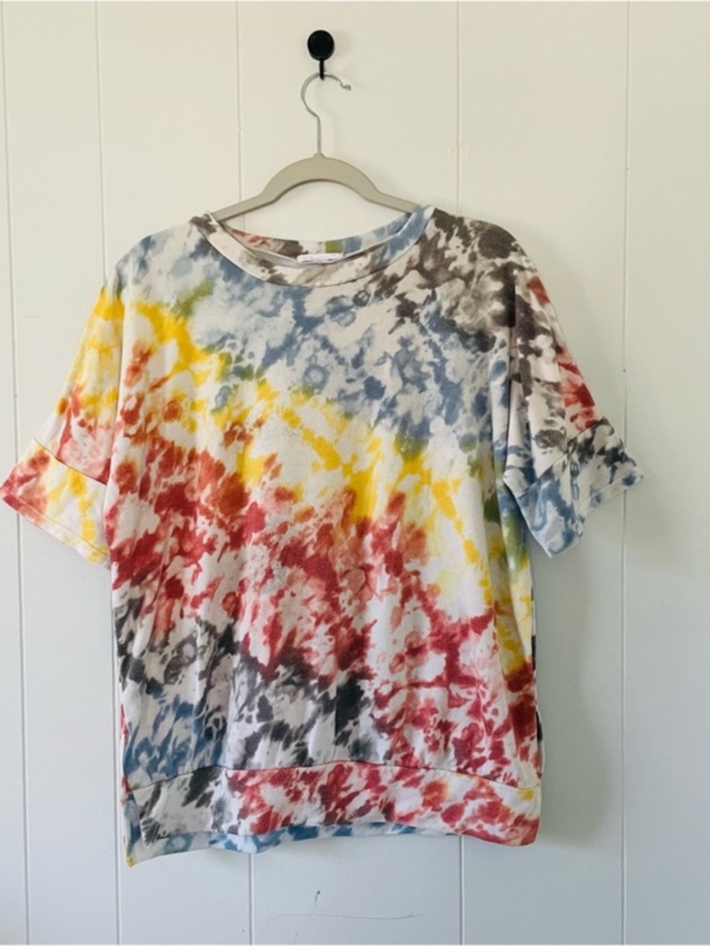 First Love Short Sleeve Tie-Dye Tee in Red, Yellow, Blue, Gray